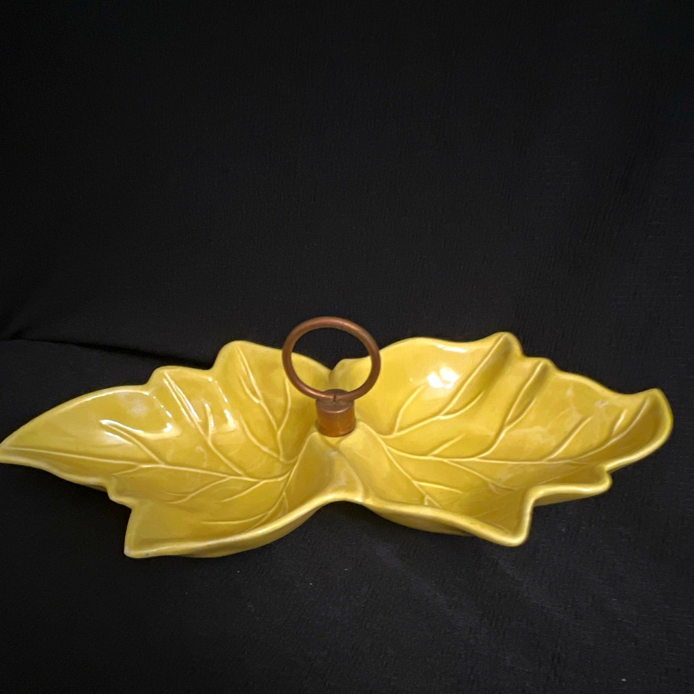 Vintage Yellow Leaf Divided Ceramic Serving Tray w/ Metal Handle USA MCM